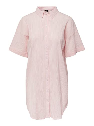 PIECES Damen Pcterra Long Shirt Bc Bluse, Begonia Pink/Stripes:Cloud Dancer, M EU von PIECES