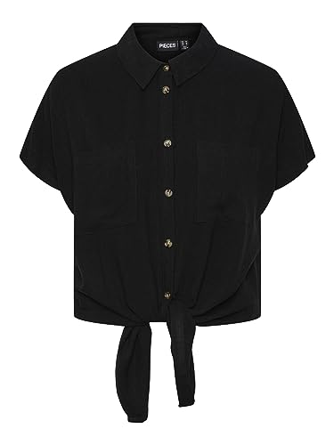 PIECES Damen Pcvinsty Ss Linen Tie Shirt Noos, Schwarz, L von PIECES