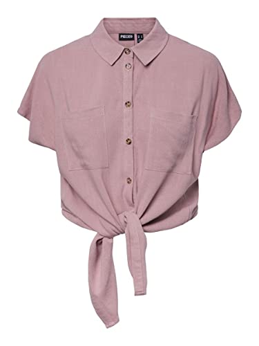 PIECES Damen Pcvinsty Ss Linen Tie Shirt Noos, Woodrose, L von PIECES