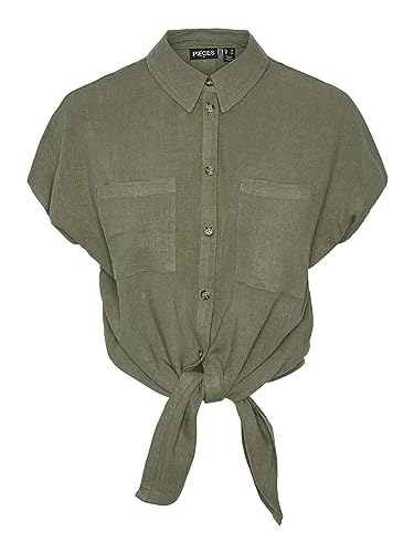 PIECES Damen Pcvinsty Ss Linen Tie Shirt Noos, Deep Lichen Green, L PIECES Damen Pcvinsty Ss Linen Tie Shirt Noos, Deep Lichen Green, L von PIECES