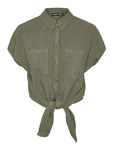 PIECES Damen Pcvinsty Ss Linen Tie Shirt Noos, Deep Lichen Green, L von PIECES