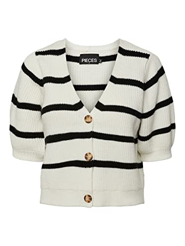 PIECES Damen Pcosilla 2/4 Knit Cardigan Noos Bc Strickjacke, Cloud Dancer/Stripes:black, XL EU von PIECES