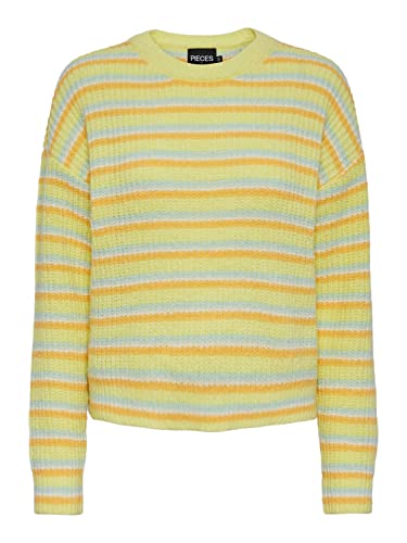 Pieces Women's PCBINA LS O-Neck Knit BC Strickpullover, ICY Morn/Stripes:CDAN-FLX-Pale Lime Yellow, S von PIECES