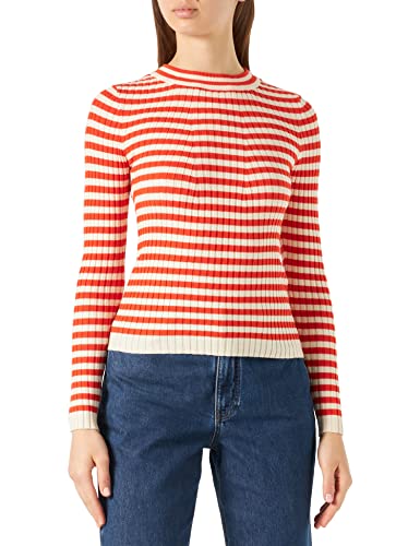 PIECES Damen Pccrista O-neck strik Noos Bc Langarmshirt, Tangerine Tango/Stripes:with Birch Stripes M, S EU von PIECES