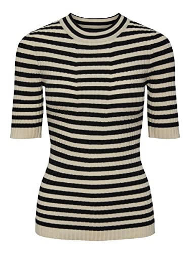 Pieces Women's PCCRISTA 2/4 O-Neck Knit NOOS BC T-Shirt, Black/Stripes:Birch, XS von PIECES