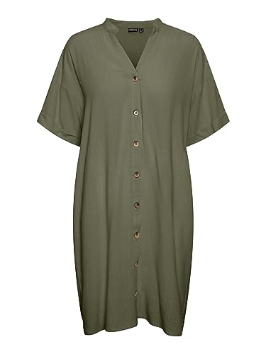 Pieces Women's PCVINSTY SS Linen Shirt Dress Kleid, Deep Lichen Green, XS von PIECES