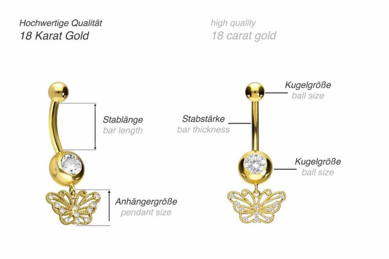 PIERCINGLINE Bauchnabelpiercing 18 Karat Gold Bananabell SCHMETTERLING + KRISTALLE (Bananabells / 1 Stk) von PIERCINGLINE