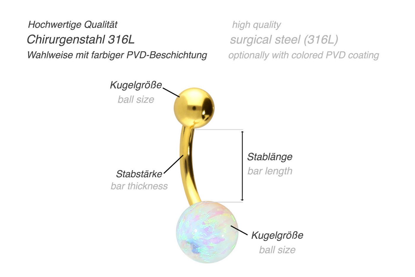 PIERCINGLINE Bauchnabelpiercing Chirurgenstahl Bananabell SYNTHETISCHER OPAL + CHIRURGENSTAHL-KUGEL (Bananabells / 1 Stk) von PIERCINGLINE