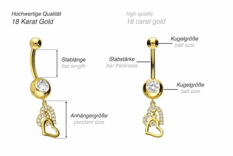 PIERCINGLINE Bauchnabelpiercing 18 Karat Gold Bananabell 2 HERZEN + KRISTALLE (Bananabells / 1 Stk) von PIERCINGLINE