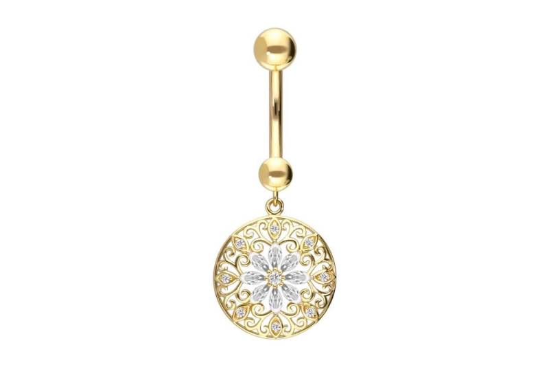 PIERCINGLINE Bauchnabelpiercing 18 Karat Gold Bananabell MOISSANIT-BLUME + MANDALA (Bananabells, 1-tlg) von PIERCINGLINE