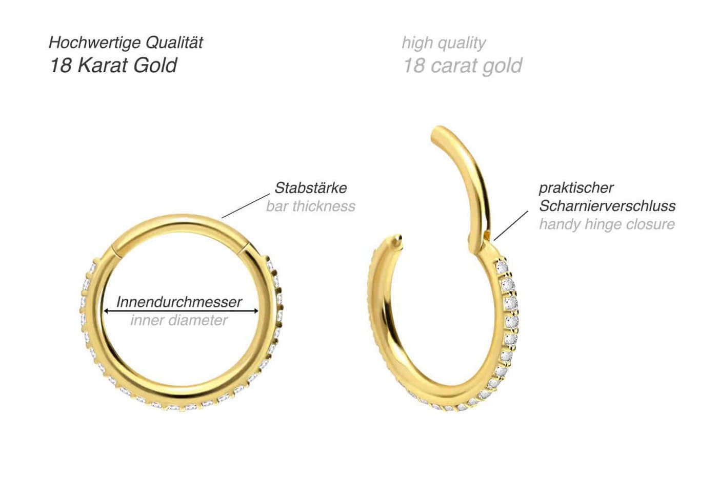 PIERCINGLINE Piercing-Set 18 Karat Gold Segmentring Clicker EINGEFASSTE KRISTALLE (Clicker / 1 Stk) von PIERCINGLINE