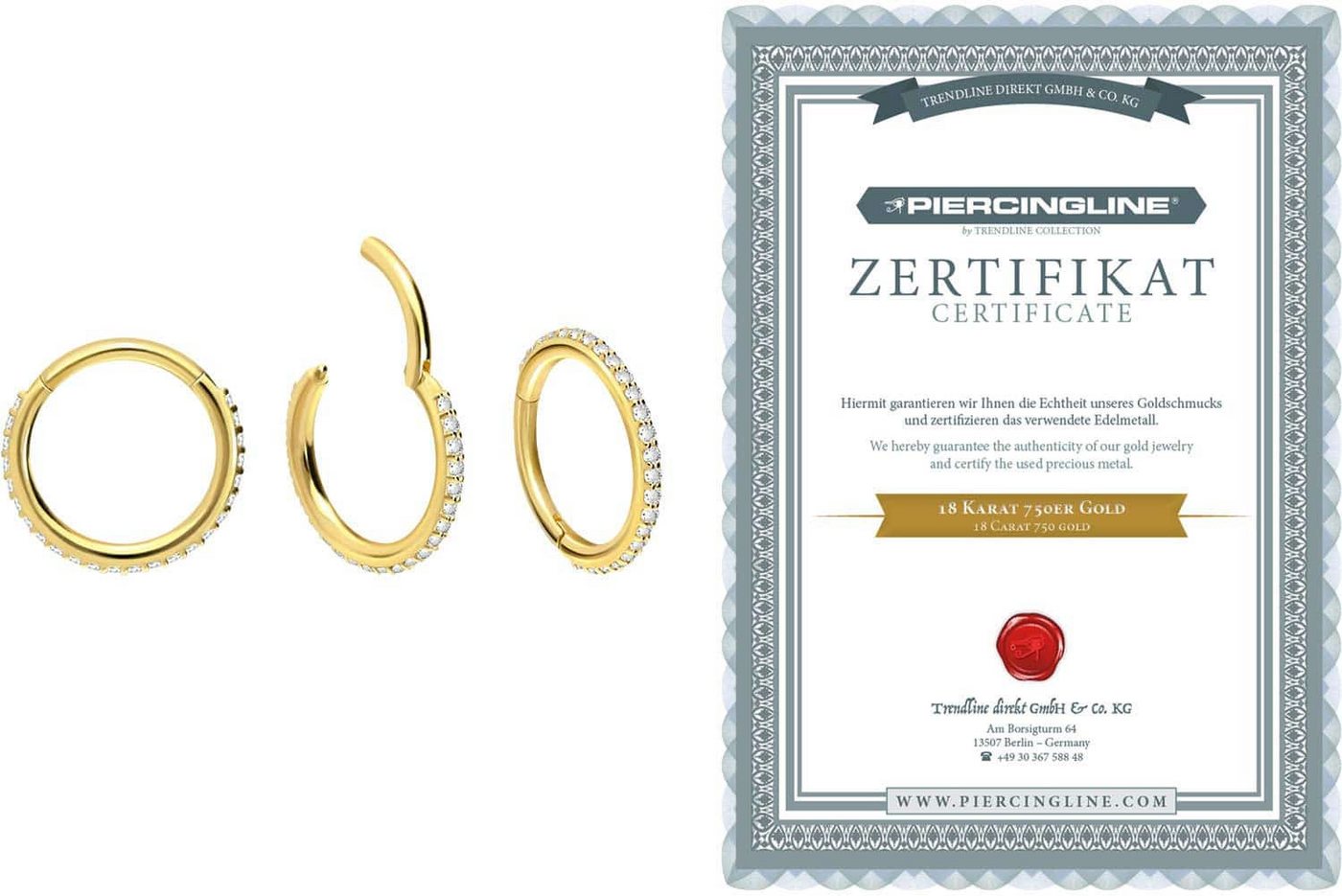 PIERCINGLINE Piercing-Set 18 Karat Gold Segmentring Clicker EINGEFASSTE KRISTALLE (Clicker / 1 Stk) von PIERCINGLINE