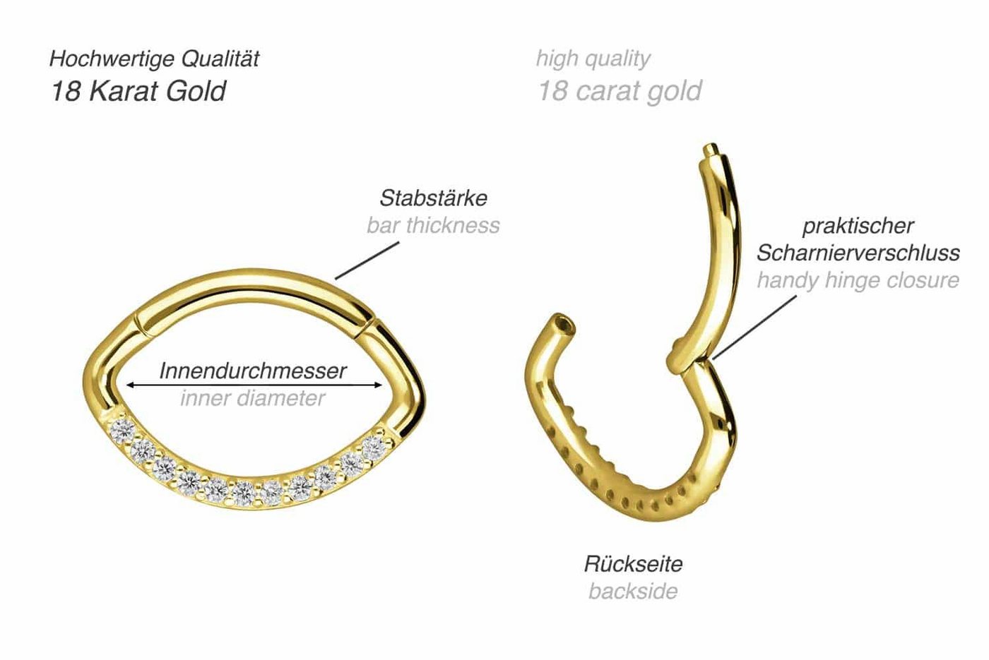 PIERCINGLINE Piercing-Set 18 Karat Gold Segmentring Clicker OVAL + EINGEFASSTE KRISTALLE (Clicker / 1 Stk) von PIERCINGLINE