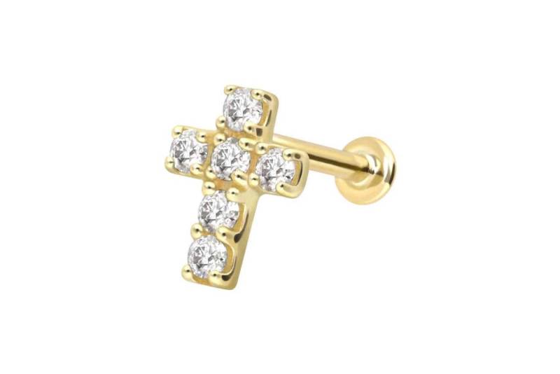 PIERCINGLINE Piercing-Set 14 Karat Gold Labret mit Innengewinde MOISSANIT-KREUZ (Labrets / 1 Stk) von PIERCINGLINE