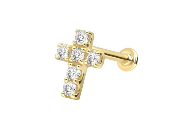 PIERCINGLINE Piercing-Set 14 Karat Gold Labret mit Push Fit MOISSANIT-KREUZ (Labrets / 1 Stk) von PIERCINGLINE