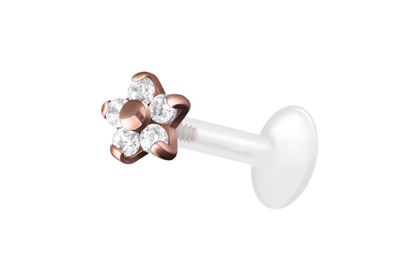 PIERCINGLINE Piercing-Set PTFE Labret mit Innengewinde + Titan-Aufsatz BLUME MIT 5 KRISTALLEN (Labrets / 1 Stk) von PIERCINGLINE