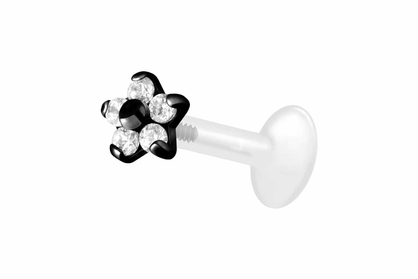 PIERCINGLINE Nasenpiercing PTFE Labret mit Innengewinde + Titan-Aufsatz BLUME MIT 5 KRISTALLEN (Labrets, 1-tlg) von PIERCINGLINE