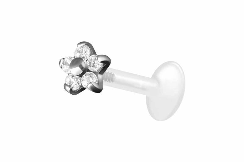 PIERCINGLINE Piercing-Set PTFE Labret mit Innengewinde + Titan-Aufsatz BLUME MIT 5 KRISTALLEN (Labrets / 1 Stk) von PIERCINGLINE