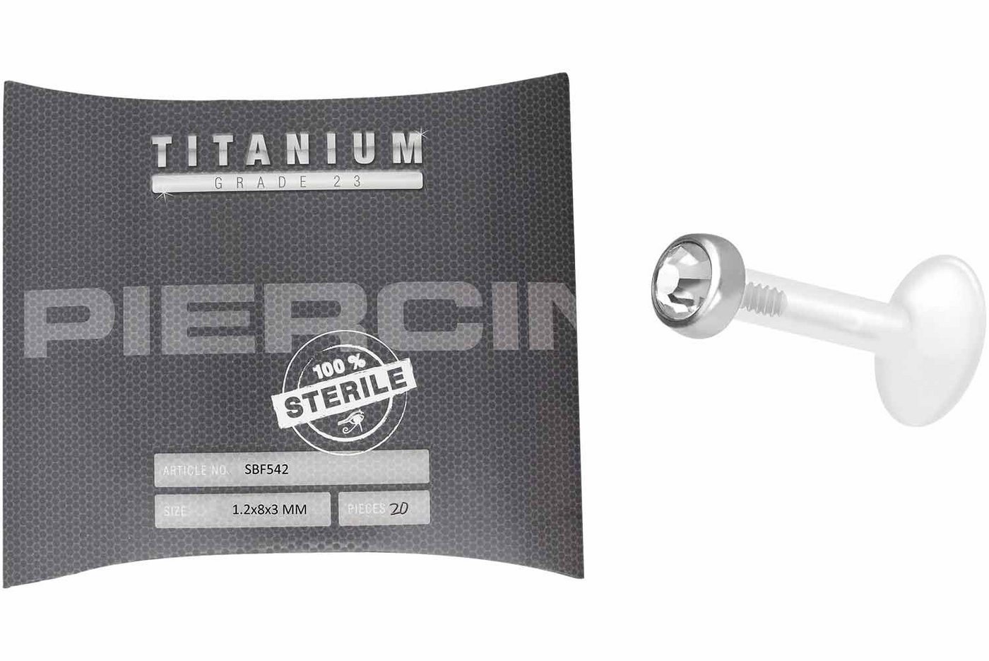 PIERCINGLINE Piercing-Set Sterilisiertes PMFK Labret mit Innengewinde + Titan-Disc KRISTALL (Labrets / 1 Stk) von PIERCINGLINE