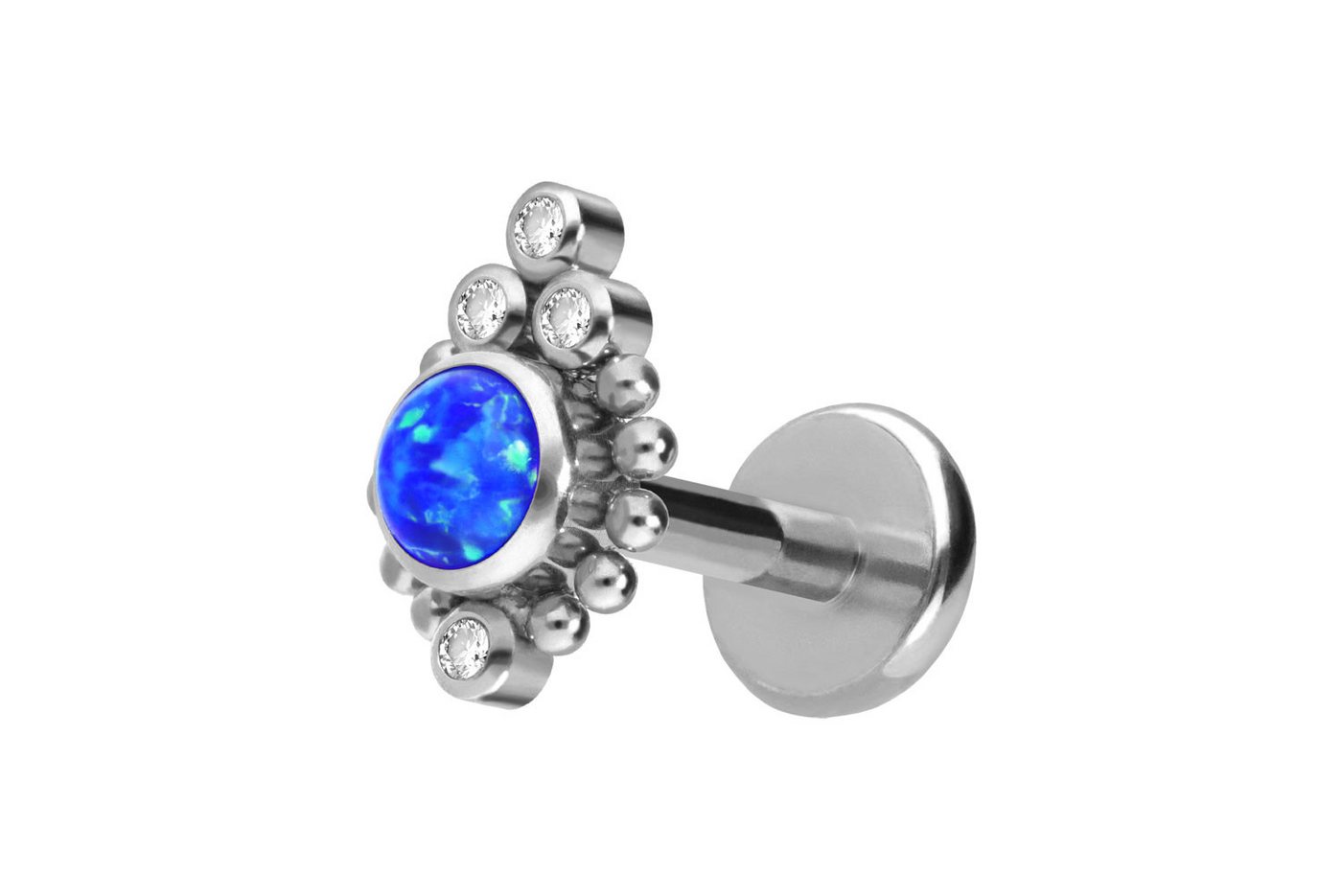 PIERCINGLINE Piercing-Set Titan Labret mit Push Fit SYNTHETISCHER OPAL + 4 KRISTALLE + KUGELN (Labrets / 1 Stk) von PIERCINGLINE