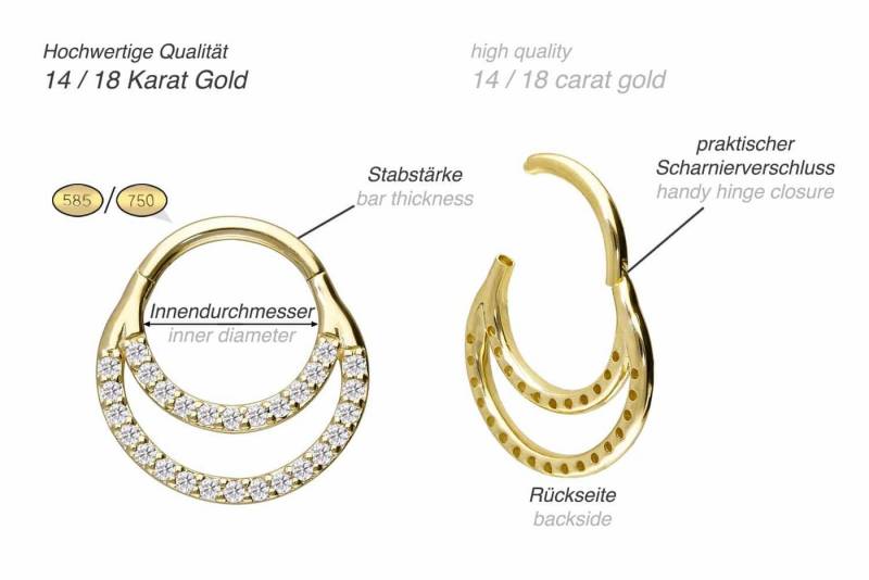 PIERCINGLINE Piercing-Set 14/18 Karat Gold Segmentring Clicker EINGEFASSTE MOISSANITE + 2 RINGE (Clicker / 1 Stk) von PIERCINGLINE