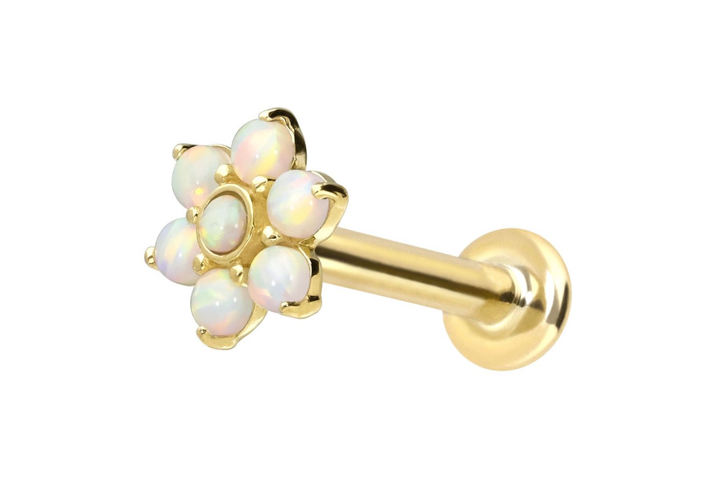PIERCINGLINE Piercing-Set 14 Karat Gold Labret mit Innengewinde BLUME + 7 SYNHETISCHE OPALE (Labrets, 1-tlg) von PIERCINGLINE