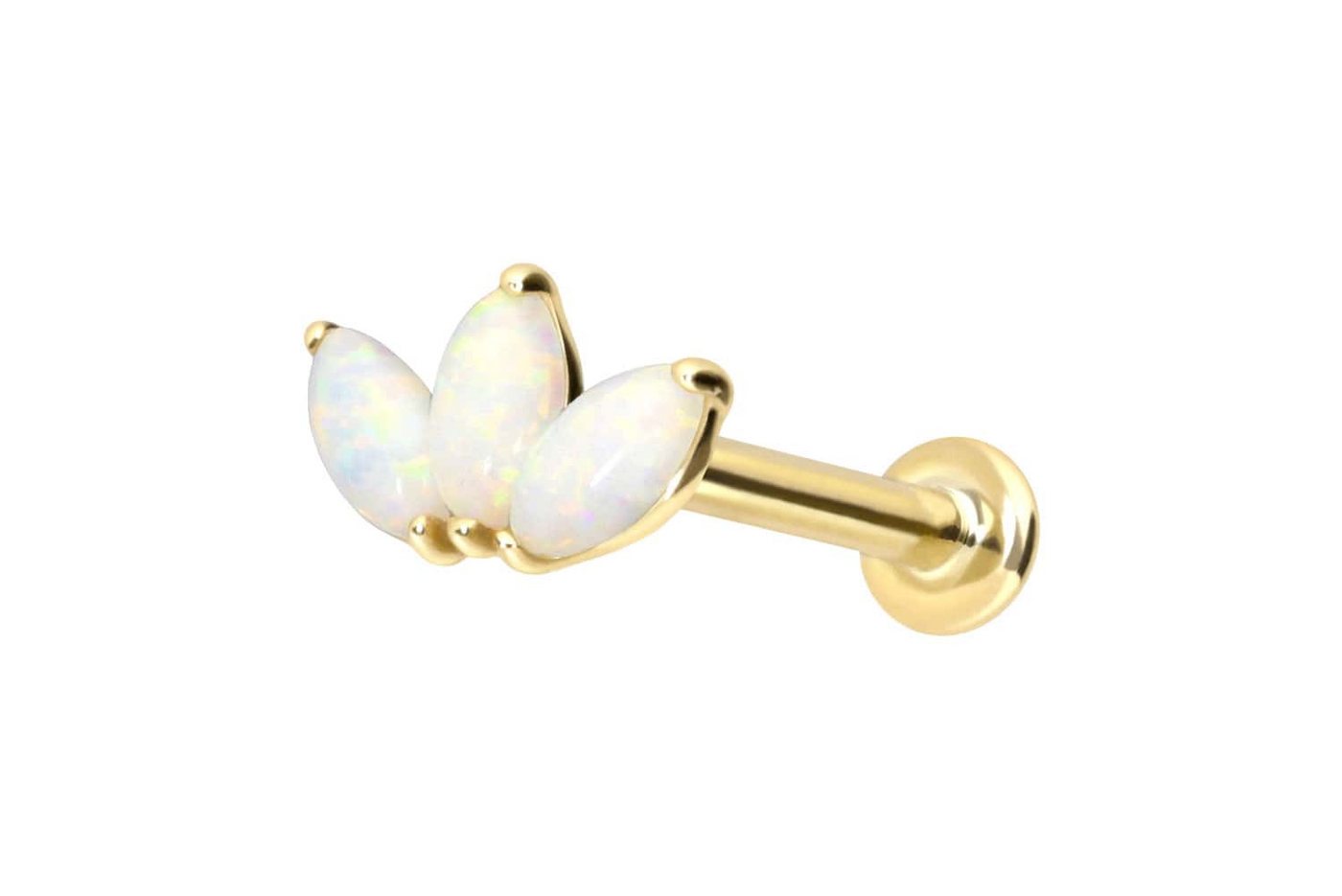 PIERCINGLINE Piercing-Set 14 Karat Gold Labret mit Innengewinde LOTUSBLÜTE + SYNTHETISCHE OPALE (Labrets / 1 Stk) von PIERCINGLINE