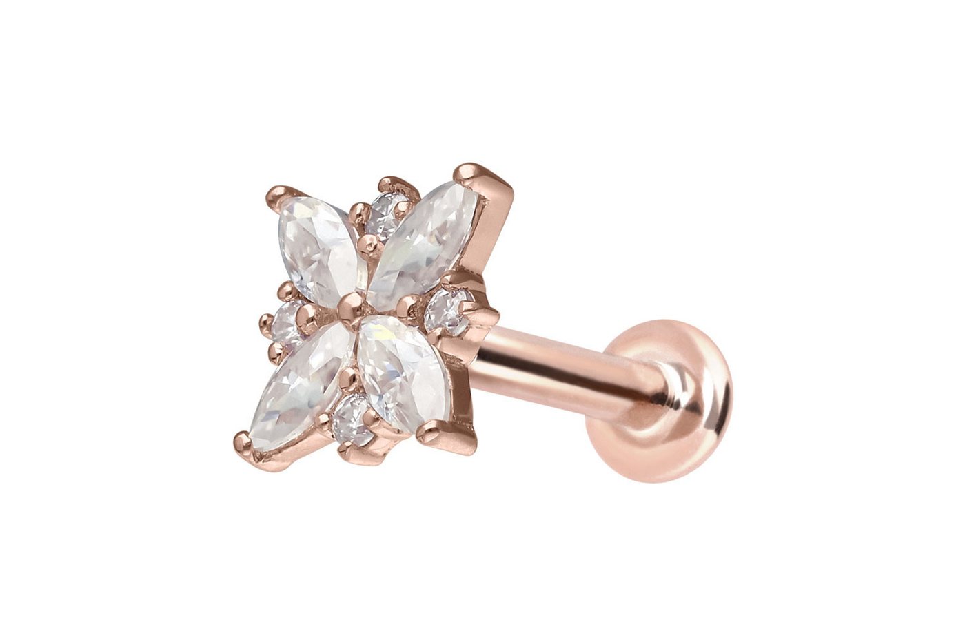 PIERCINGLINE Piercing-Set 14 Karat Gold Labret mit Innengewinde MOISSANIT-BLUME (Labrets / 1 Stk) von PIERCINGLINE