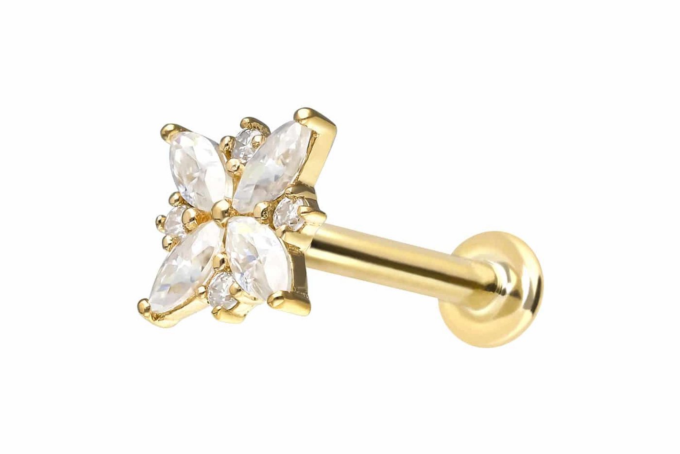 PIERCINGLINE Piercing-Set 14 Karat Gold Labret mit Innengewinde MOISSANIT-BLUME (Labrets / 1 Stk) von PIERCINGLINE