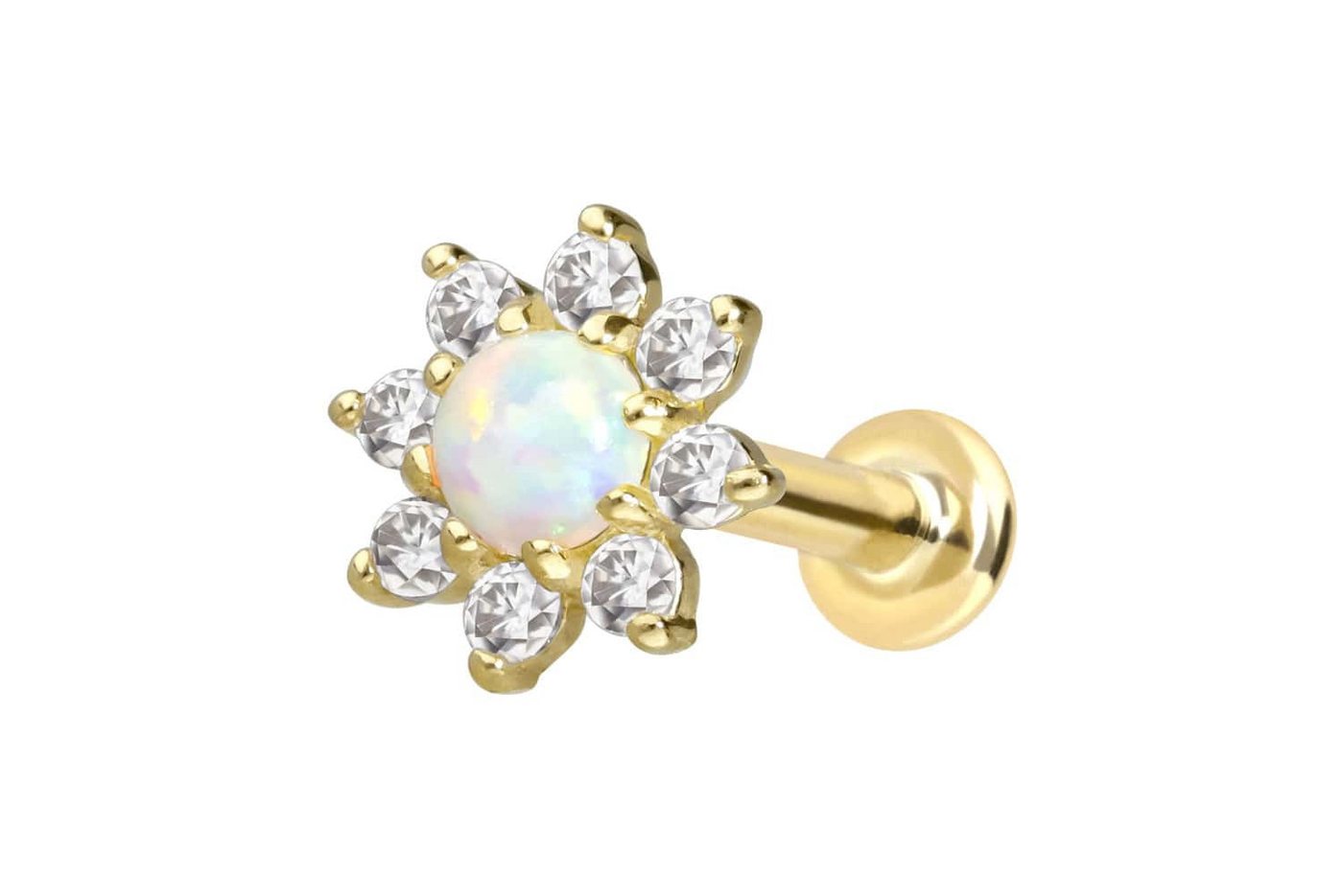PIERCINGLINE Piercing-Set 14 Karat Gold Labret mit Innengewinde MOISSANIT-BLUME + SYNTHETISCHER (Labrets, 1-tlg) von PIERCINGLINE