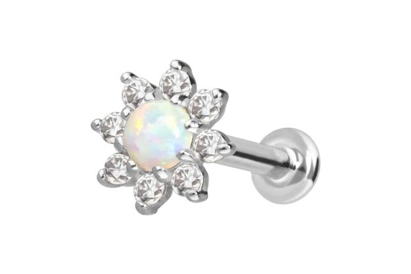 PIERCINGLINE Piercing-Set 14 Karat Gold Labret mit Push Fit MOISSANIT-BLUME + SYNTHETISCHER OPAL (Labrets, 1-tlg) von PIERCINGLINE