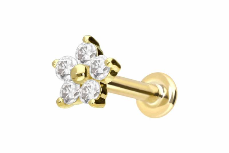 PIERCINGLINE Piercing-Set 14 Karat Gold Labret mit Push Fit MOISSANIT-BLUME (Labrets, 1-tlg) von PIERCINGLINE