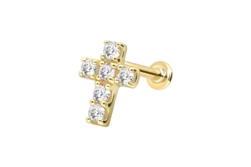 PIERCINGLINE Piercing-Set 14 Karat Gold Labret mit Push Fit MOISSANIT-KREUZ (Labrets / 1 Stk) von PIERCINGLINE