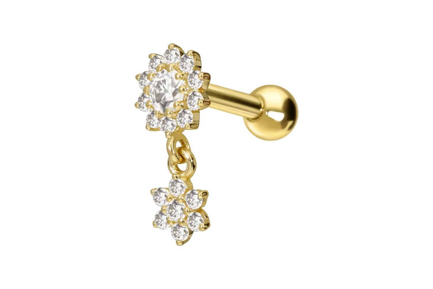 PIERCINGLINE Single-Ohrstecker 14/18 Karat Gold Ohrpiercing 2 MOISSANIT-BLUMEN (Mini-Barbells / 1 Stk) von PIERCINGLINE