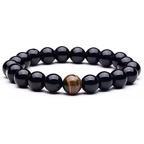 PIERRETOILES - Armband mit doppeltem Schutz aus Tigerauge und schwarzem Obsidian, 20 cm, Obsidian, Tigerauge von PIERRETOILES