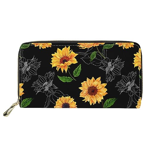 PIHNSDUA Damen Reißverschluss Clutch Lange Brieftasche Multifunktions Halter Organizer Geldbörse Handtaschen, Wasserfarbe Sonnenblumen, Klassisch von PIHNSDUA