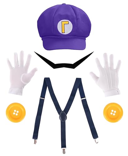 PIIDUOO Super Brothers Halloween Kostüm für Erwachsene - Hut Schnurrbärte Handschuhe Zubehör für Herren Halloween Cosplay, Violett PIIDUOO Super Brothers Halloween Kostüm für Erwachsene - Hut Schnurrbärte Handschuhe Zubehör für Herren Halloween Cosplay, Violett von PIIDUOO