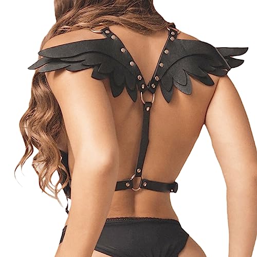 PIIKNUO Damen Gothic Körper Punk Harness Damen SM Sexy Aushöhlen BH Brustgurt Body Harness Wings Kostüm Leder Flügel Harness Fetisch Erotik Sexy Kleidung Cosplay Party Rave Kostüm von PIIKNUO