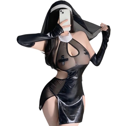 PIIKNUO Nonne Kostüm Damen, Nonne Anime Rollenspiel Cosplay Dessous Sexy Transparentes Naughty Kostüme Outfit Schlitz am Saum Mini Kleid Rollenspiele von PIIKNUO