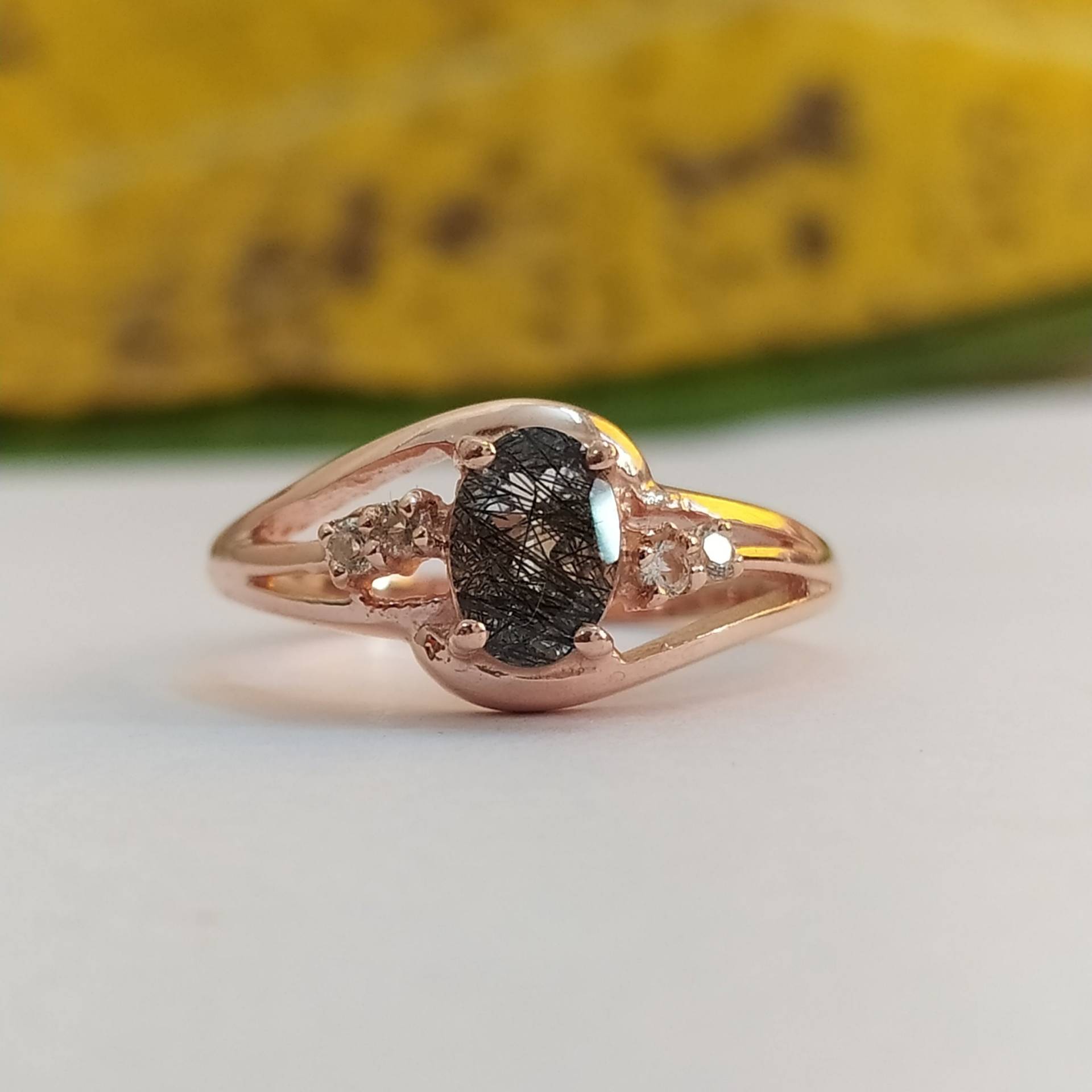 Black Rutil Rose Gold Ring-Unique Vintage Verlobungsring-Rutilquarz Ehering-Rutilquarz Jahrestag Ring Her-501 von PILWALS