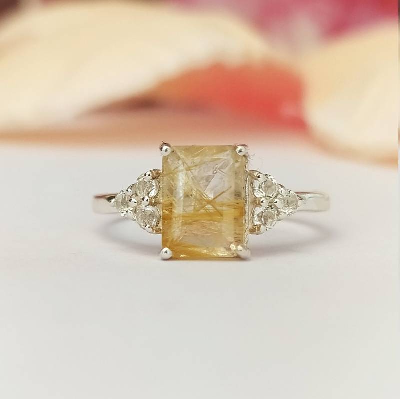 Einzigartige Golden Rutil Quarz Verlobungsring-Smaragd Geschnitten Rutilquarz Ring-Rutil Ehering Für Her-925 Sterling Silber-639 von PILWALS