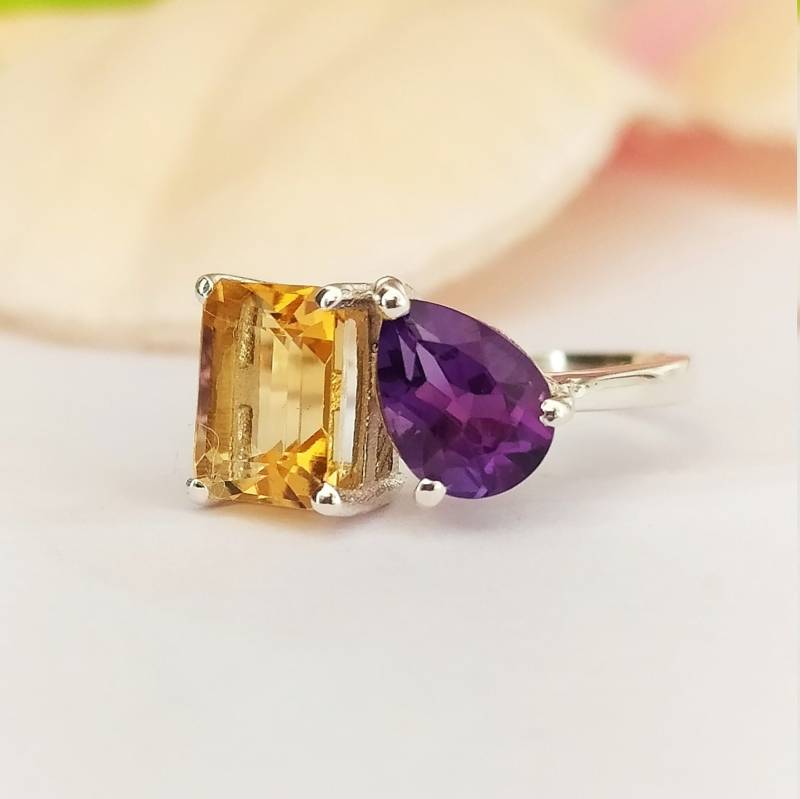 Einzigartige Toi Und Moi Ring-Citrine & Amethyst Toi-Moi Ring-Unique Multi Stone Ring Silver-Amethyst & Citrine Ring-Two von PILWALS