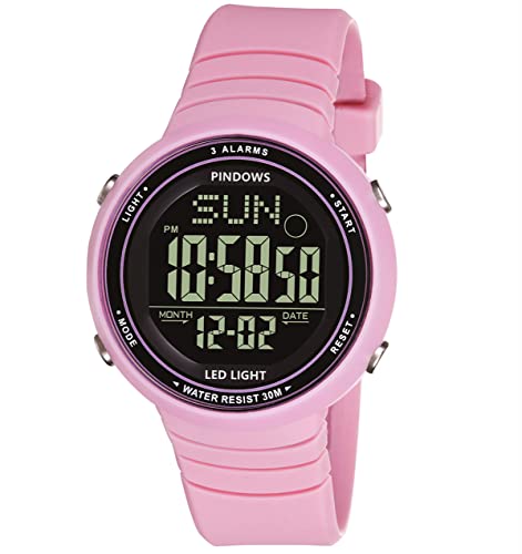 PINDOWS Damen Digital Armbanduhr Damen Armbanduhr für Damen Uhr Sportuhr Damen Digitaluhr Unisex Uhr Teenager Uhr mit 3 Alarmgruppen Licht wasserdichte Countdown Stoppuhr Multifunktions Armbanduhren von PINDOWS