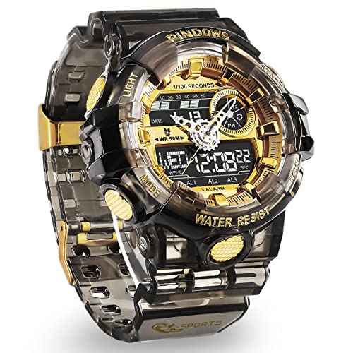PINDOWS Herren-Armbanduhr, digital, Sport, Herren, mit wasserdichtem Licht, 3 Gruppen, Alarm, Analog, Digital, Countdown, Stoppuhr etc. Multifunktions-Armbanduhr, Aschgold, Riemen von PINDOWS