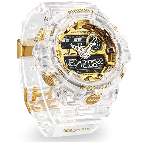 PINDOWS Herren-Armbanduhr, digital, Sport, Herren, mit wasserdichtem Licht, 3 Gruppen, Alarm, Analog, Digital, Countdown, Stoppuhr etc. Multifunktions-Armbanduhr, Weißgold, Armband von PINDOWS