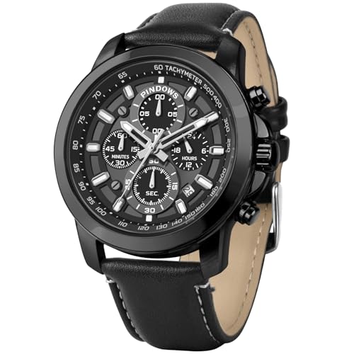 PINDOWS Herrenarmbanduhr, analoger Quarz-Chronograph, wasserdicht, Leuchtende Armbanduhren mit Lederarmband in Schwarz-Braun für Business und Casual Wear von PINDOWS