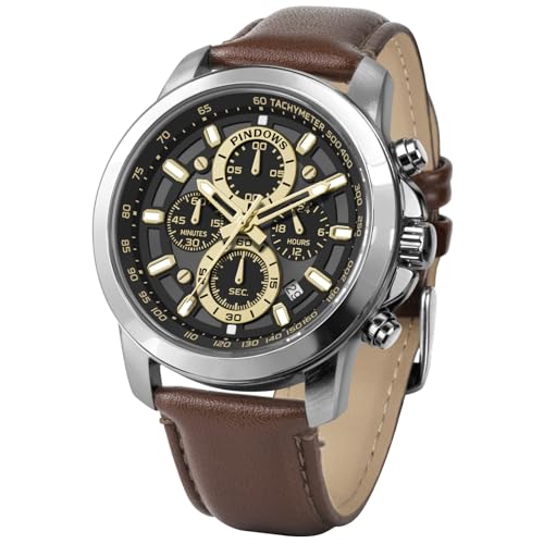 PINDOWS Herrenarmbanduhr, analoger Quarz-Chronograph, wasserdicht, Leuchtende Armbanduhren mit Lederarmband in Schwarz-Braun für Business und Casual Wear von PINDOWS