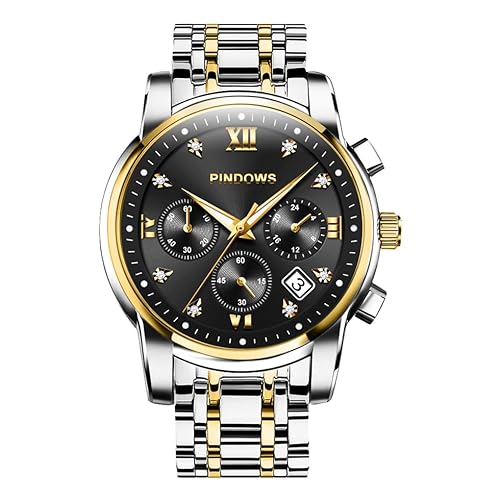 PINDOWS Herrenuhren Luxus Quarz-Analoguhr Datumsanzeige und großem Ziffernblatt wasserdichte modische Business-Armbanduhr Elegante zweifarbige Edelstahl-Klassiker-Herrenuhr mit beleuchtetem Kalender von PINDOWS