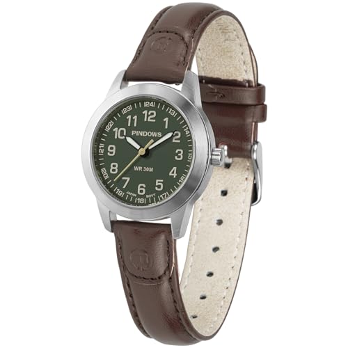 PINDOWS Damenuhren, Elegantes analoges Quarzdesign mit Lederarmband, wasserdichte modische Armbanduhr mit gut lesbarem Leuchtzifferblatt von PINDOWS