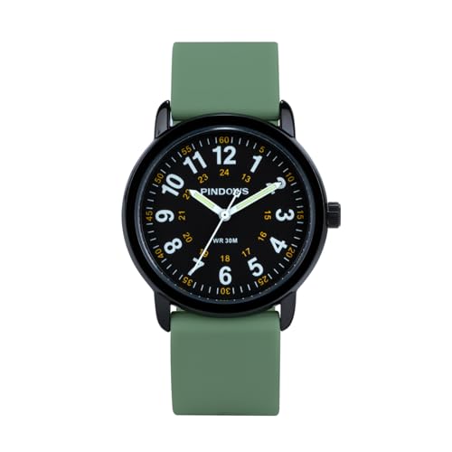 PINDOWS Analoge Quarzarmbanduhr Silikonband für Damen, Junge Damen und Studierende; leicht ablesbar, wasserfest, Unisex-Armbanduhr, leuchtendes Zifferblatt. (Green Black) von PINDOWS